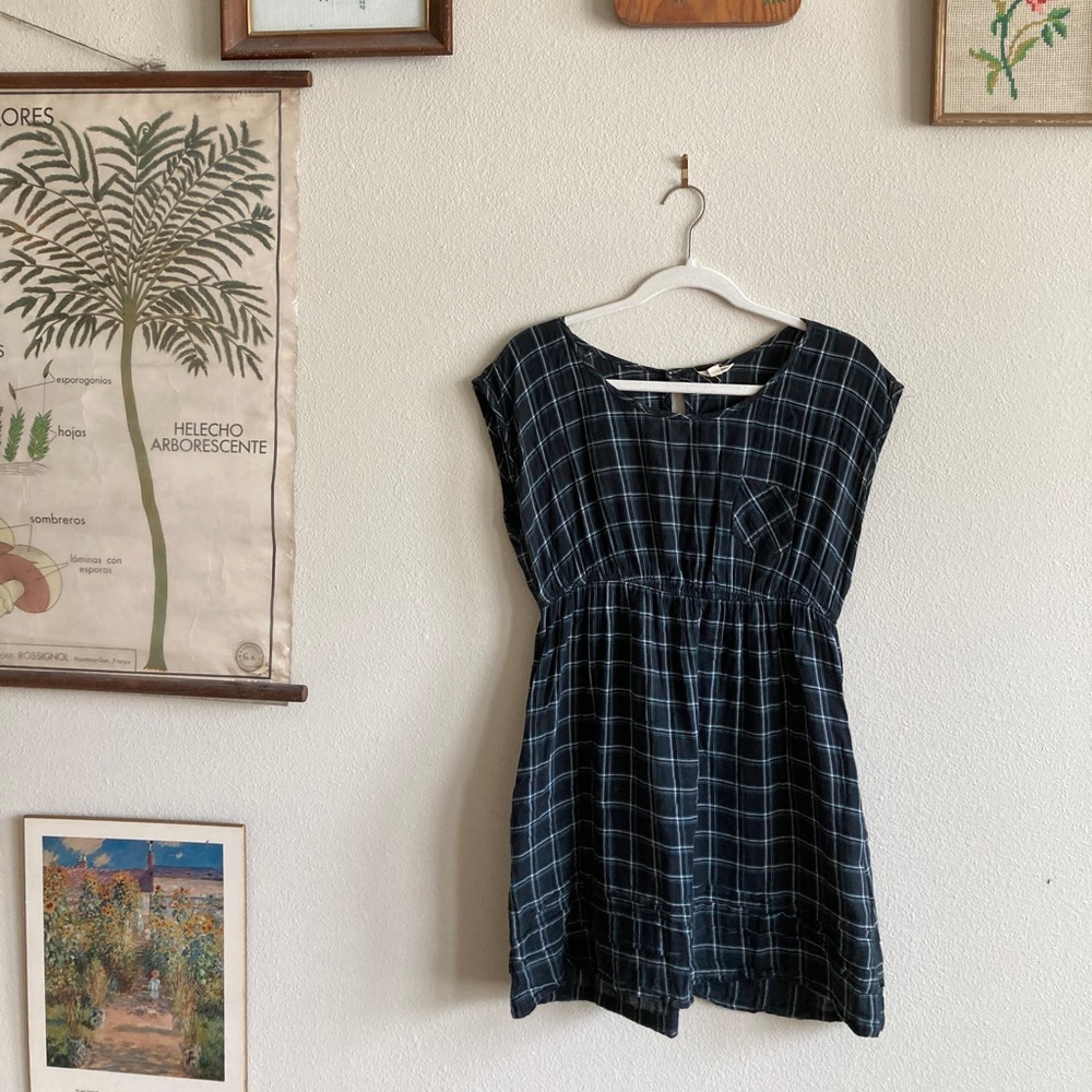 Black plaid smocked jumper mini dress